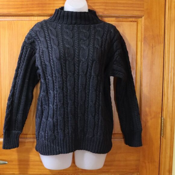 Vintage Chunky Heavy Cable Knit Black Mock Neck Sweater Pullover Large LG - Picture 2 of 11